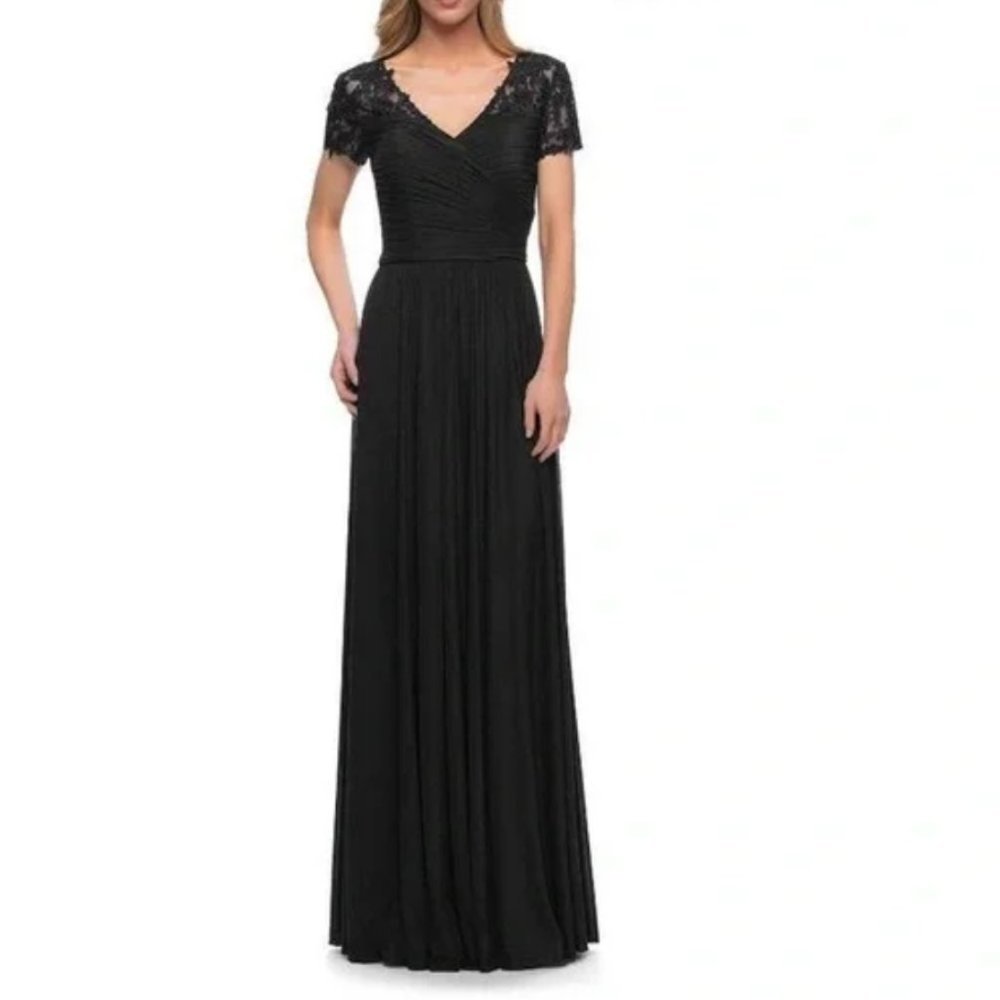 LA Femme 29772 Black V-Neck Ruched Long Evening Dress Size 12 NWT